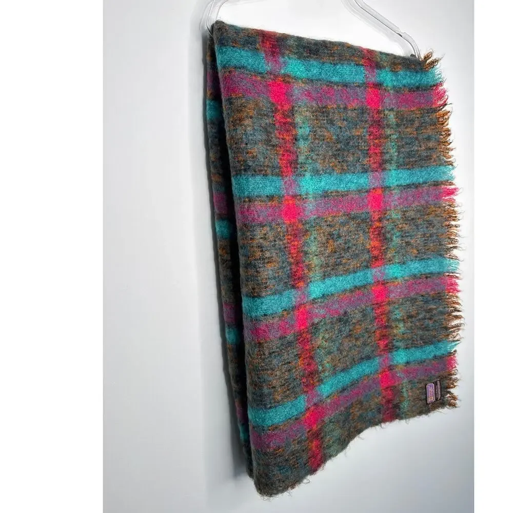 1980s Donegal Design Hand Woven Mohair Wool Plaid Scarf Ireland 60x70